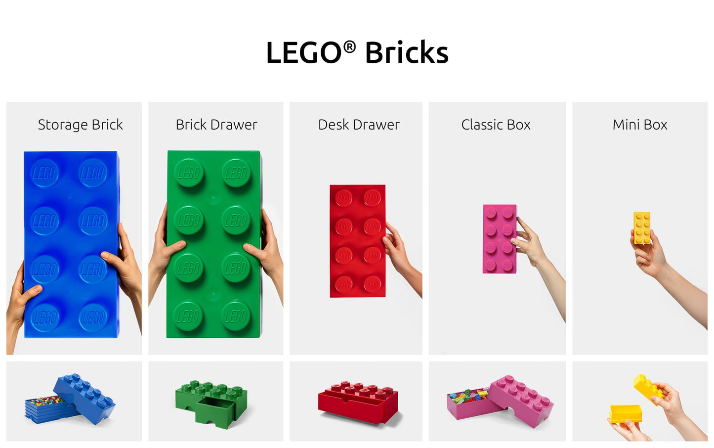 Room Copenhagen, Lego Brick Box Stackable Storage Containers - Organizational Building Blocks - 19.69 x 9.84 x 7.09 Inches - Brick 8, Dark Stone Grey