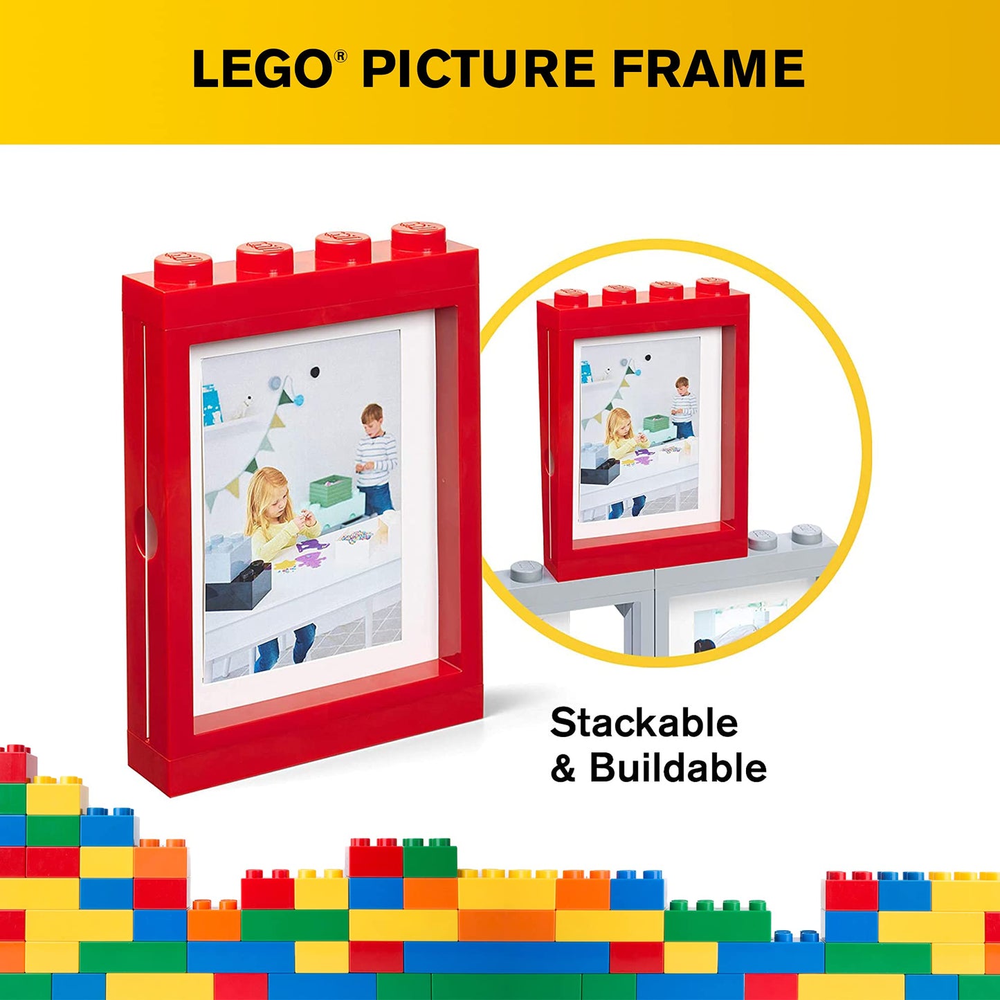 Room Copenhagen Lego Picture Frame - Stackable, Tabletop or Wall Display Photo Frame, Fits 5 x 7 in Photos, Red
