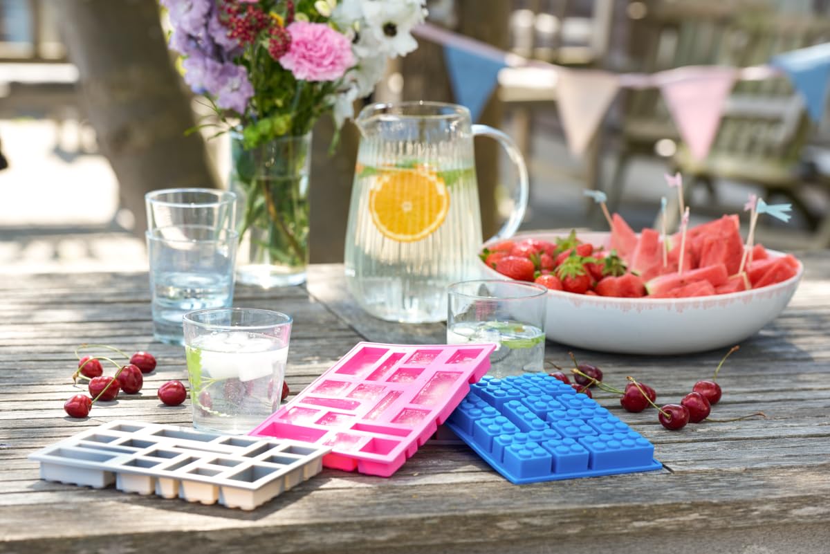 Room Copenhagen, LEGO Iconic Ice Cube Tray - Dishwasher Safe, Silicone Brick Mold - Set of 3, Blue, Pink, and Grey