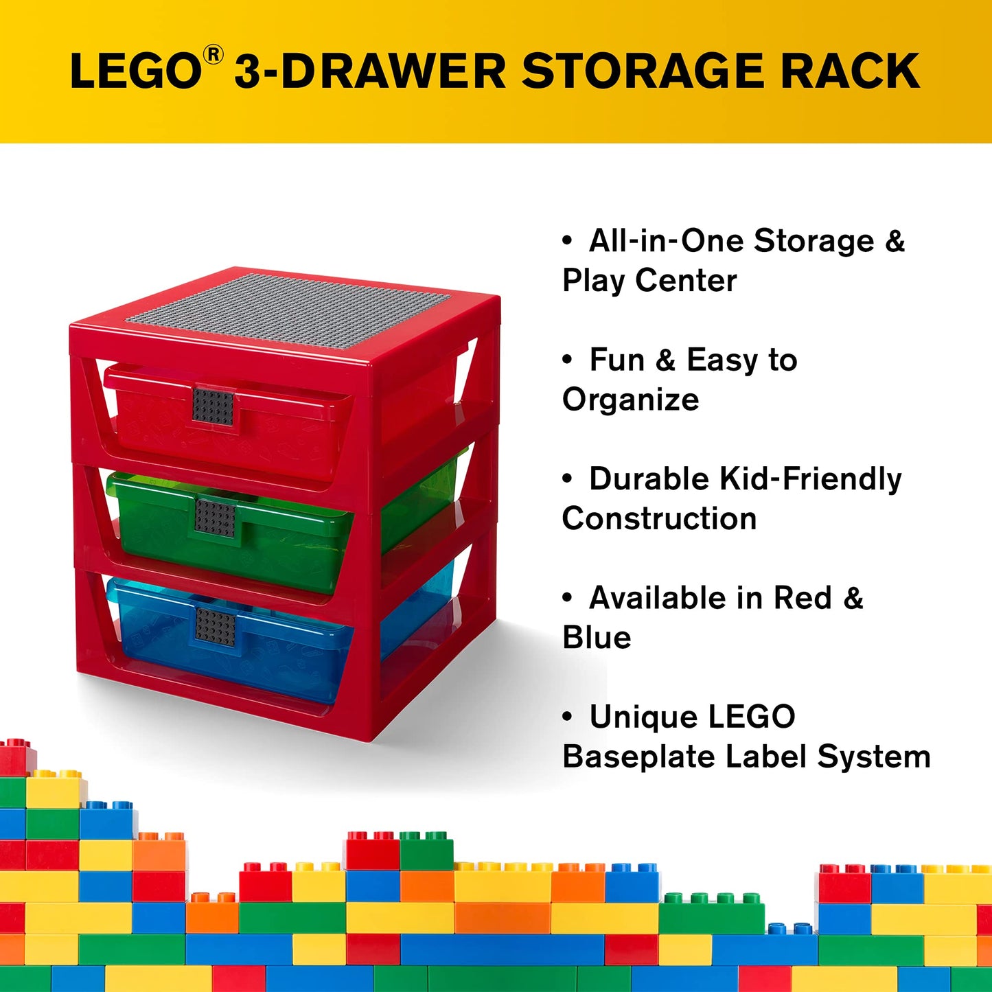 Room Copenhagen Lego 3-Drawer Plastic Storage Rack System, 13-2/3 x 12-3/4 x 15 in, Red